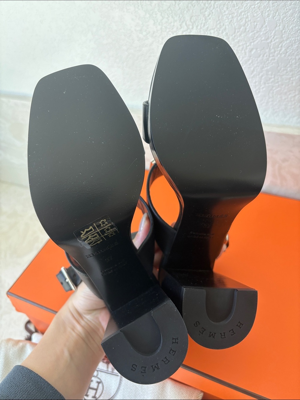 Black Leather High Block Heel Sandals with Silver Buckle - Picture 5 of 6